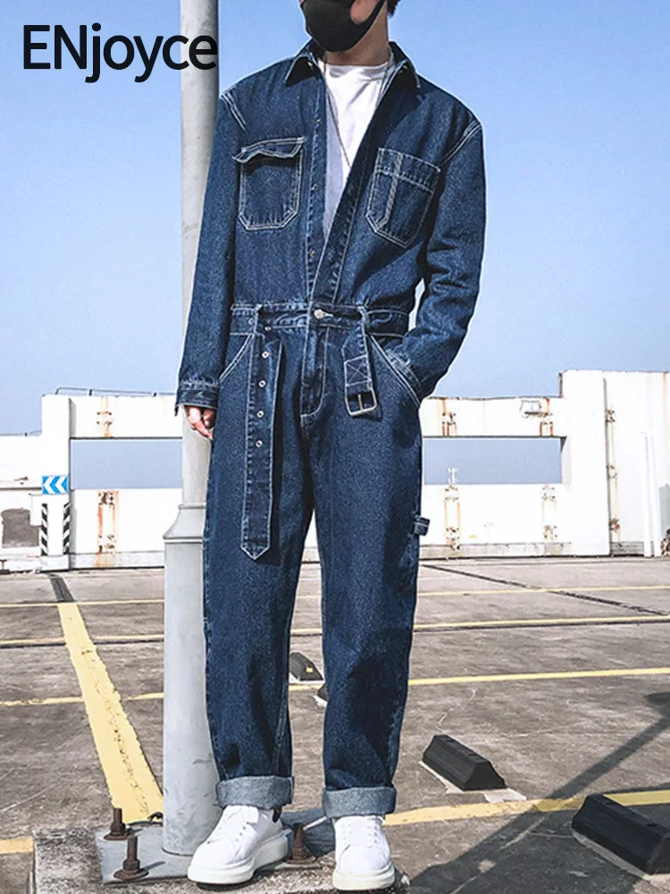

ENjoyce 2024 Spring Men Vintage Casual Loose Denim Jumpsuit Y2K Streetwear Jeans Bodysuit Trousers Baggy Cargo Pants