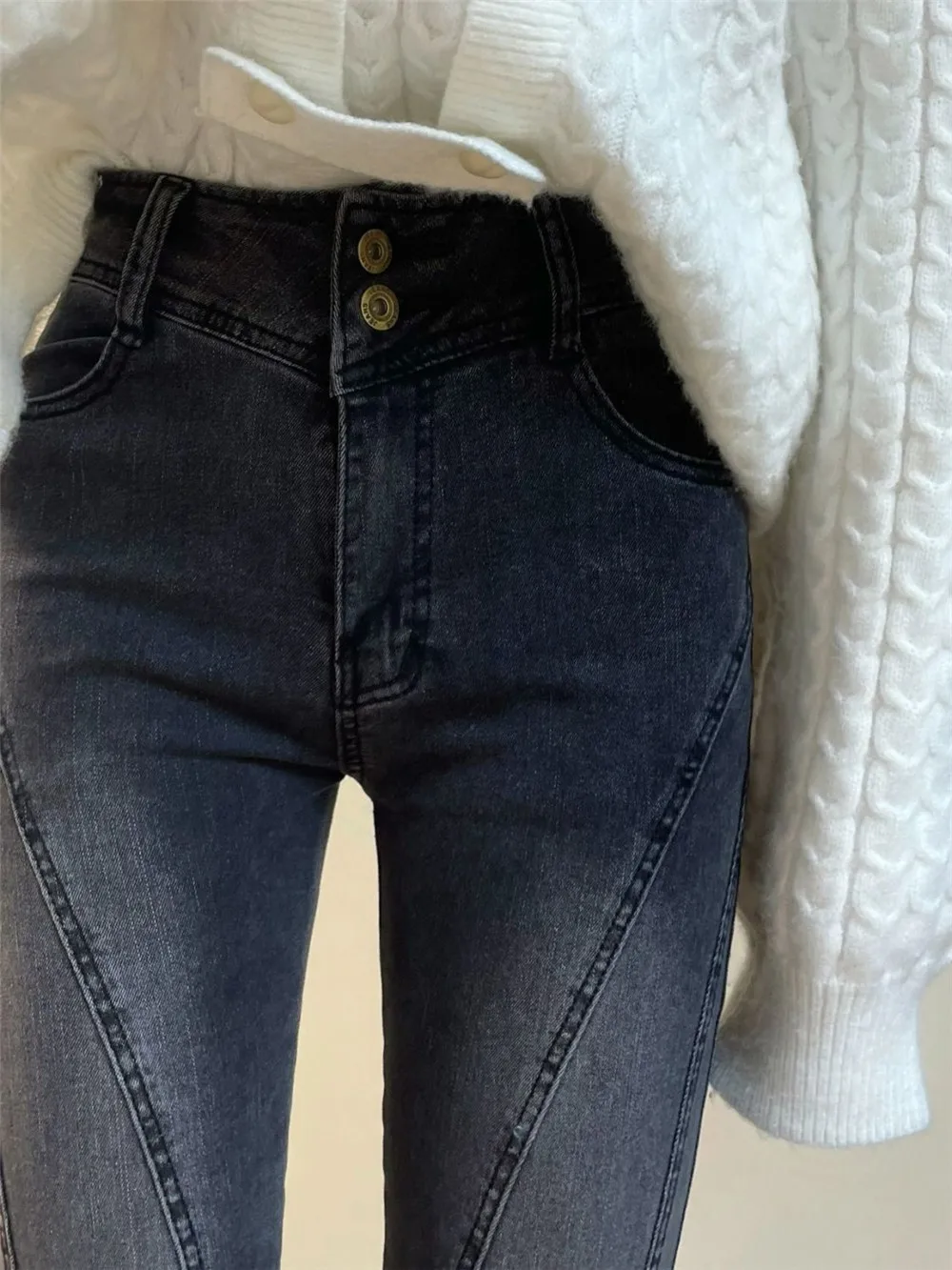 

Skinny Y2K Spring Jeans Women New Fashion Spliced High Waist Flare Denim Pants Tassels Ankle Full Length Slim Trouser Black Grey