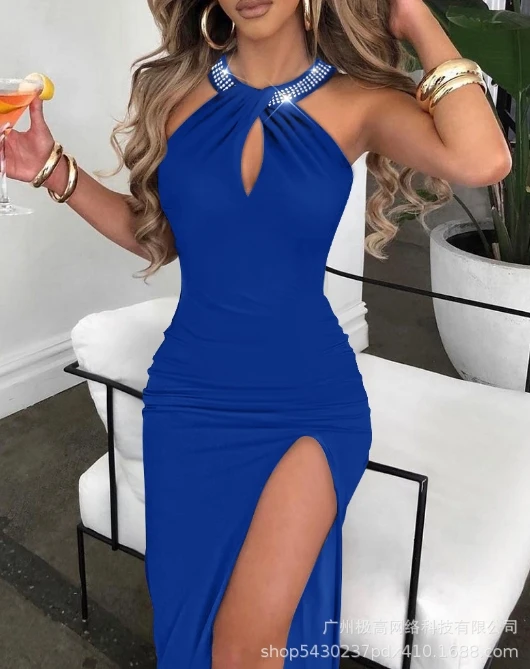 Womens Dresses 2024 Summer Fashion Rhinestone Decor Sexy Halter High Slit Plain Sleeveless Skinny Maxi Party Dress
Womens Dresses 2024 Summer Fashion Rhinestone Decor Sexy Halter High Slit Plain Sleeveless Skinny Maxi Party Dress