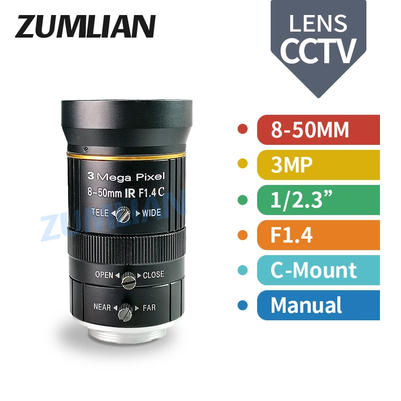 

ZUMLIAN 8-50mm Lens CCTV Camera Lens 1/2.3 Inch 3MP F1.4 Manual Iris Zoom C-Mount Lens for Basler Surveillance Camera