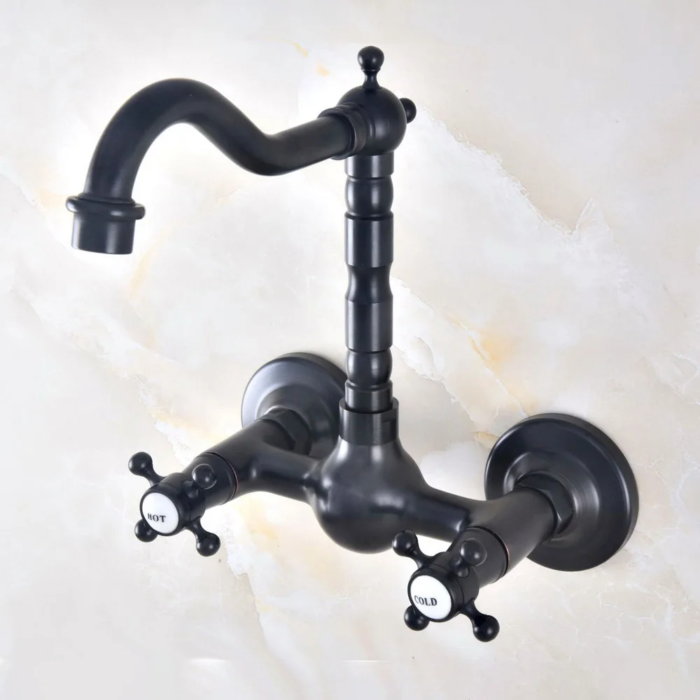 

Black Oil Rubbed Bronze Swivel Spout Kitchen Sink Faucet / Wall Mounted Dual Cross Handles Bathroom Basin Mixer Taps tnf469
