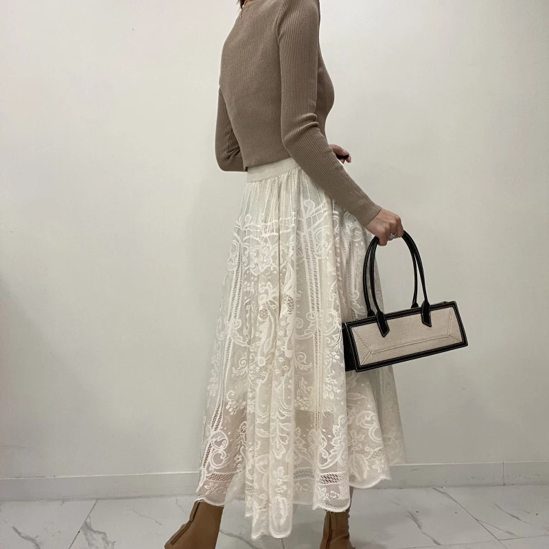 

Aging Retro Minority Temperament Design Sense Lace Hook Flower Elastic High Waist Long Skirt Skirts Women Fashion 2023 Traf Tutu