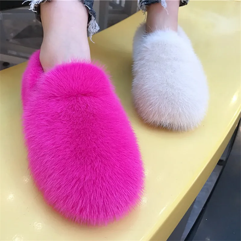 

2024 New Real Mink Fur Women Flats Winter Warm Furry Flat Shoes Outside Loafers Espadrilles Ladies Thick Sole Platform Moccasins