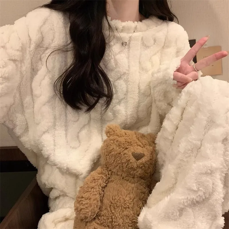 Thickened Warm Sleepwear for Winter Women Flannel Suit Student Pajamas Homewear Tops and Pants Striped Nightwear Loungewear Thickened Warm Sleepwear for Winter Women Flannel Suit Student Pajamas Homewear Tops and Pants Striped Nightwear Loungewear