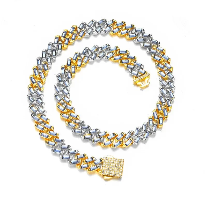 

13mm Two-tone Gold Silver Color Prong Baguette Miami Cuban Chain Choker Necklace Iced Out Blue Cubic Zirconia Hip Hop Jewelry