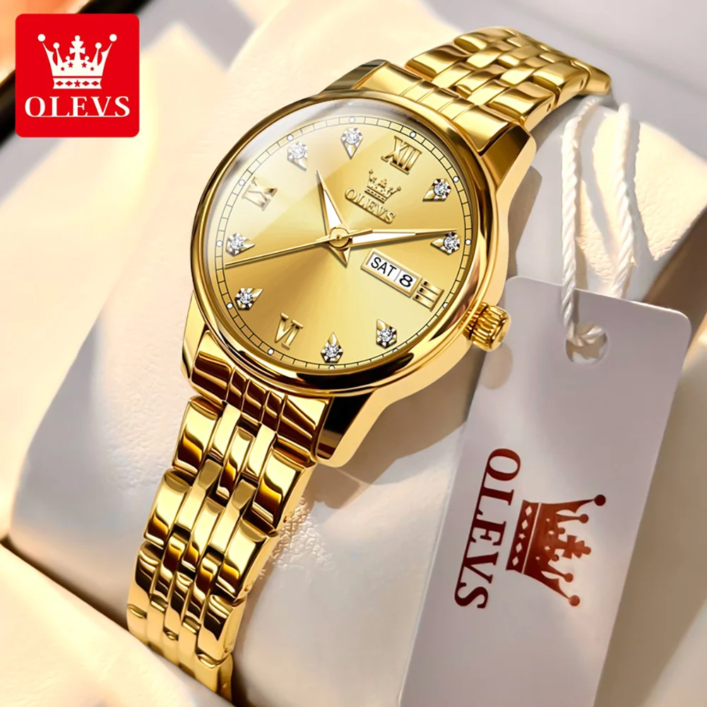

OLEVS Brand Luxury Gold Quartz Watch for Women Stainless Steel Waterproof Week Calendar Fashion Wristwatch Woman Reloj Hombre