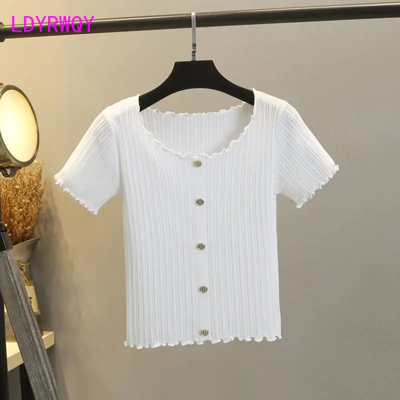 

Korean version of the new summer T-shirt female hooded wooden ear tight short-sleeved knitted thin bottoming shirt