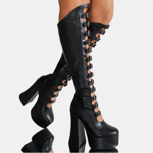 

Punk Black Brown Solid Matte Leather Round Toe Platform Belt Buckles Chunky Heels Hollow Knee High Sandals Boots Shoes Women