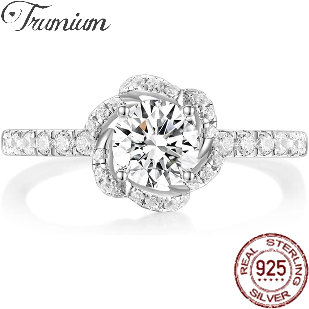 

Trumium 0.8CT 925 Sterling Silver Engagement Rings for Women Flower Round Cut Cubic Zirconia Halo CZ Wedding Band Promise Rings