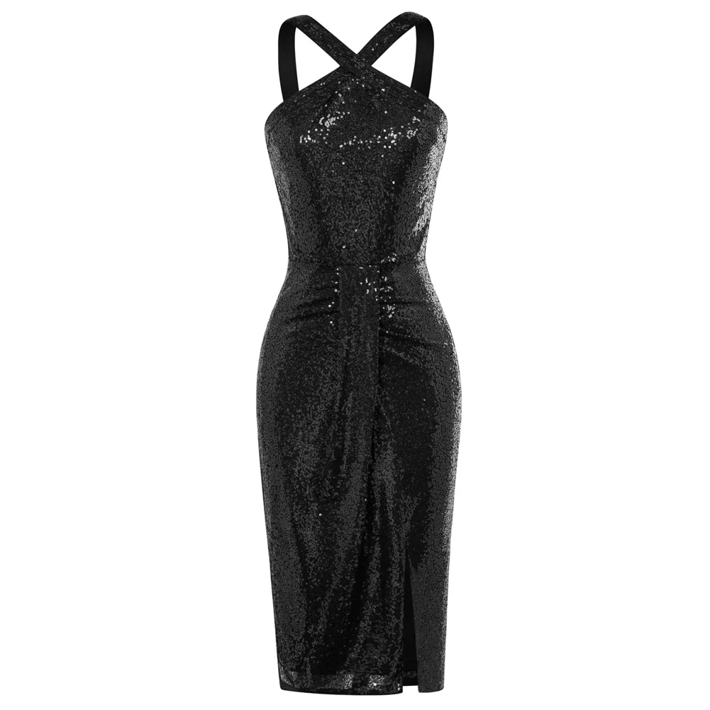 

BP Women Vintage Front Slit Dress Cross Over Halterneck Ruched Bodycon Dress Sequin Formal Cocktail Party Pencil Dresses A30