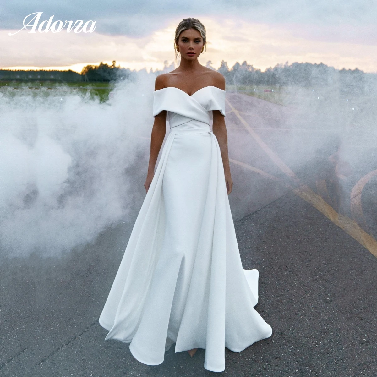 

Elegant Satin A-Line Wedding Dress Off-the-shoulder Sleeves with Blet Detachable Train Bridal Gown Women 2023 Vestido De Novia