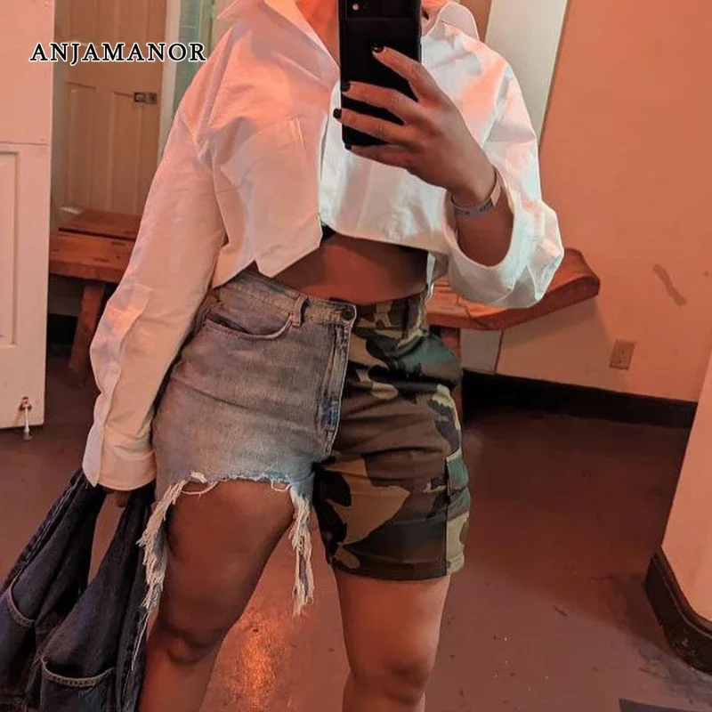 

ANJAMANOR Camouflage Demin Shorts Women High Waisted Ripped Cargo Jeans Y2k Streetwear Fashion Hot Two Tone Pants D82-EZ30