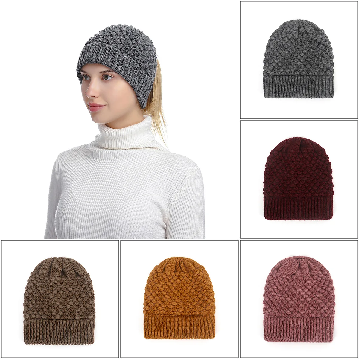 

Beanie Knitted Pullover Hat New Hat women's Autumn And Winter Outdoor Warm Windproof Wool Ponytail Hat Sombreros De Mujer