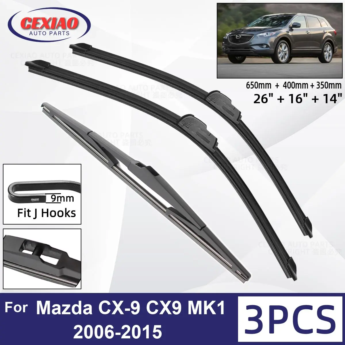 

For Mazda CX-9 CX9 MK1 2006-2015 Car Front Rear Wiper Blades Soft Rubber Windscreen Wipers Auto Windshield 26"+16"+14" 2013 2014