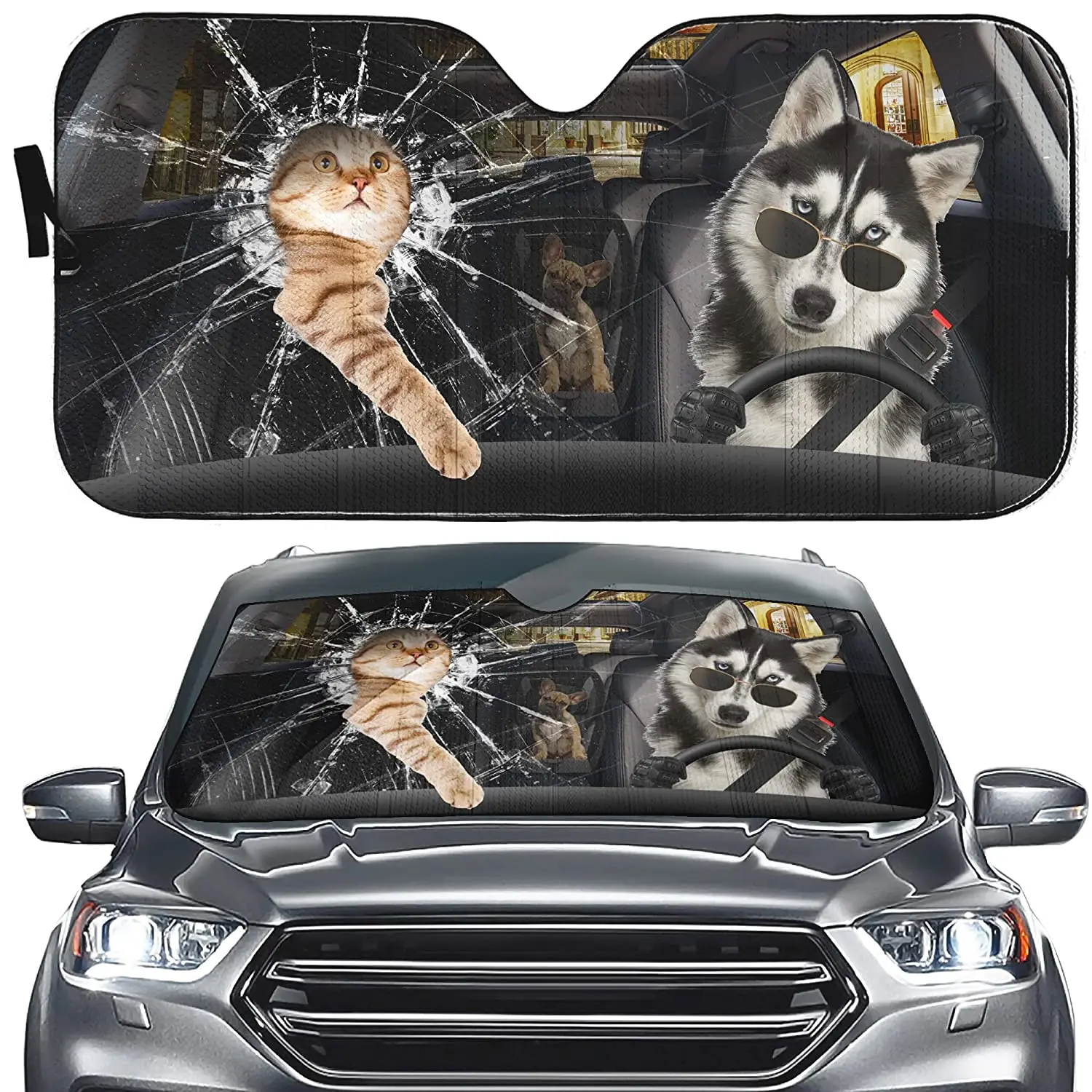 

YOSA Husky Dog Driver Auto Sun Shade, Car Windshield Sunshade Visor Protector, Funny Animal Shade Front Window Decor Truck Keep