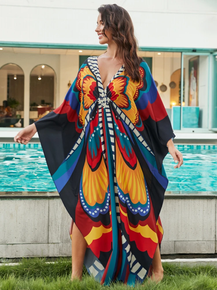 

Butterfly Beach Dresses Printed Kaftans for Women Chinese Knot Waved Elegant Maxi Holiday Bathing Suits Beachwear 2023 Hot Sales