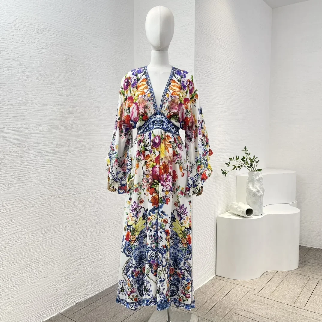 

Женское шелковое платье-миди с длинным рукавом, разноцветное платье с цветочным принтом, V-образным вырезом и стразами, весна-лето 2024