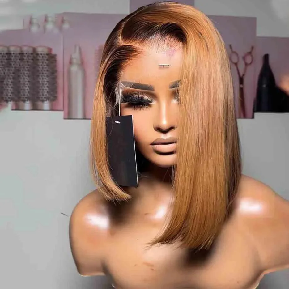 

Preplucked Glueless Soft Ombre Honey Blonde Brown Silky Straight Short Bob Lace Front Wigs For Black Women With Afro Baby Hair