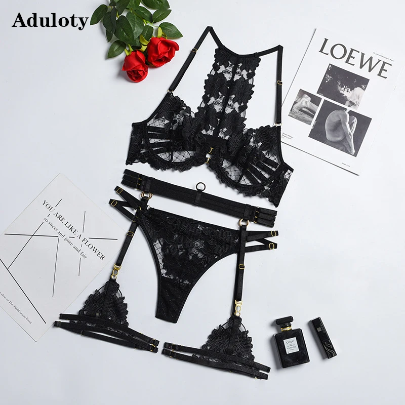 

Aduloty Bra Set Lace Mesh Women's Sexy Lingerie Black Temptation Summer Thin Section Mesh Perspective Erotic Underwear Set