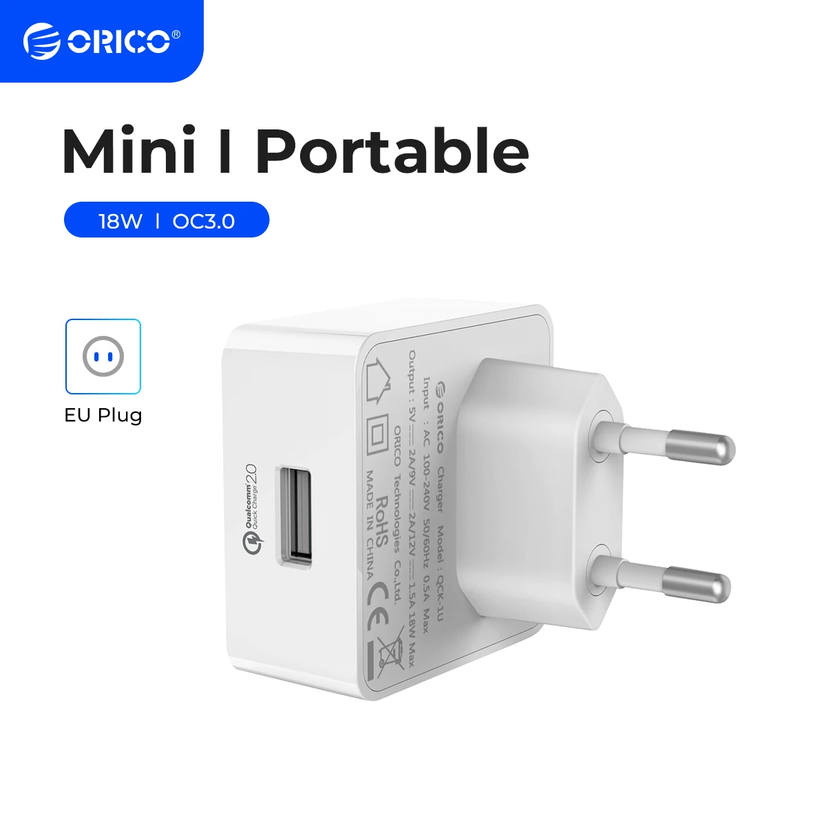 

ORICO QC2.0/QC3.0 18W Quick Charger USB Wall Charger Travel Adapter for iPhone Samsung Xiaomi HUAWEI with Micro USB Cable