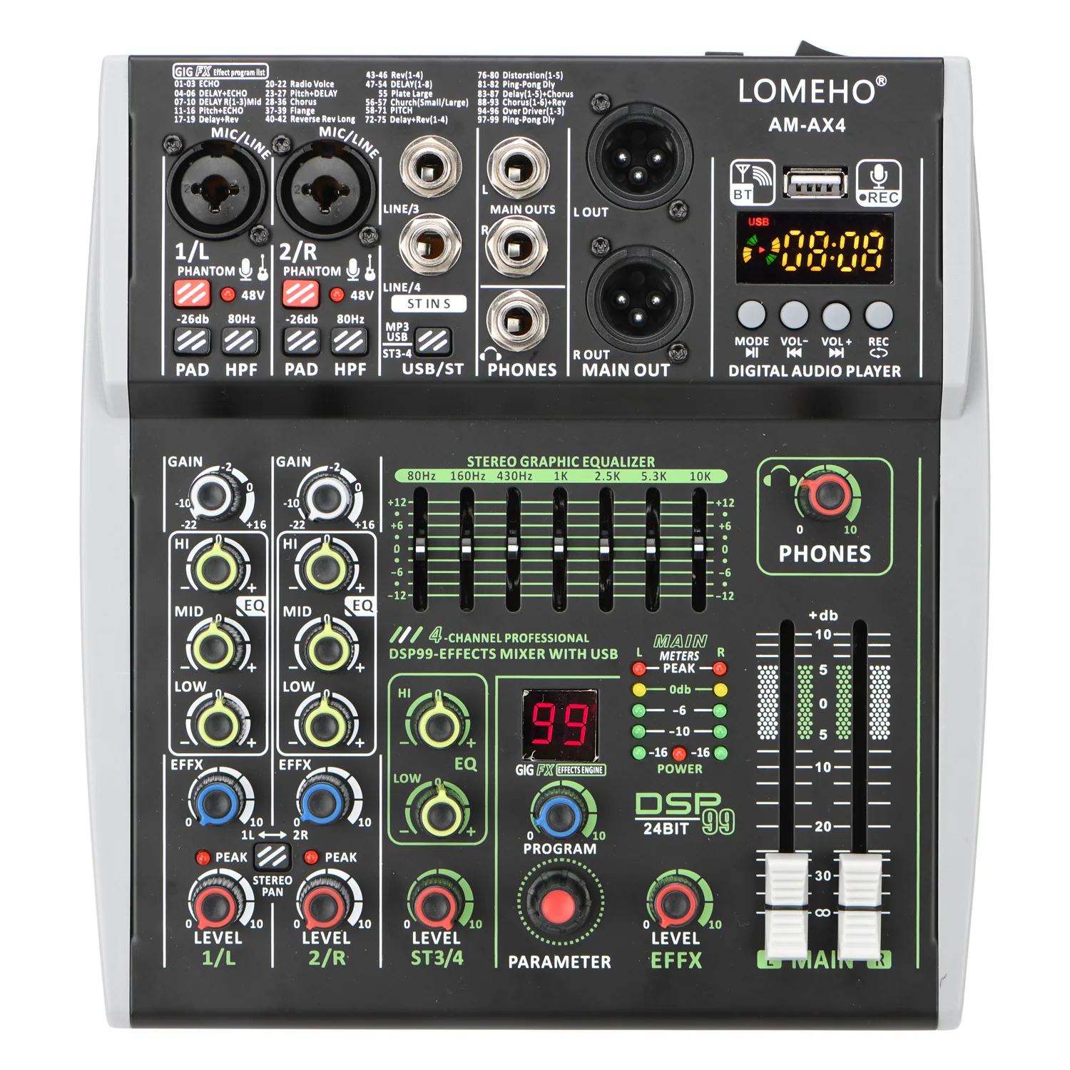 

Individual 48V 99 DSP Effects Mixing Console Podcast Mini 4/6 Channels Sound Audio Mixer Bluetooth USB PC Play Record AM-AX4/6