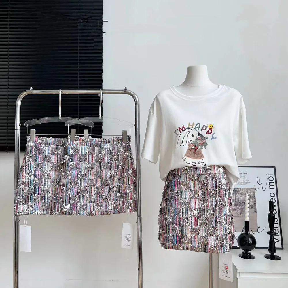 

Korean Style Sequin Skirt Women Summer 2023 Fashion New Anti Walking High Waist A-line Girl High Street Hip Skirts
