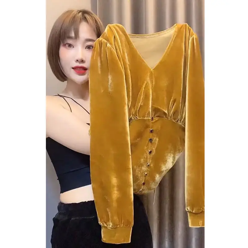 Golden Velvet Women's Spring Slim Shirts Solid V-collar Pullovers Long Sleeve Shirring 2023 New Elegant Ladies Hot Selling T802
Golden Velvet Women's Spring Slim Shirts Solid V-collar Pullovers Long Sleeve Shirring 2023 New Elegant Ladies Hot Selling T802