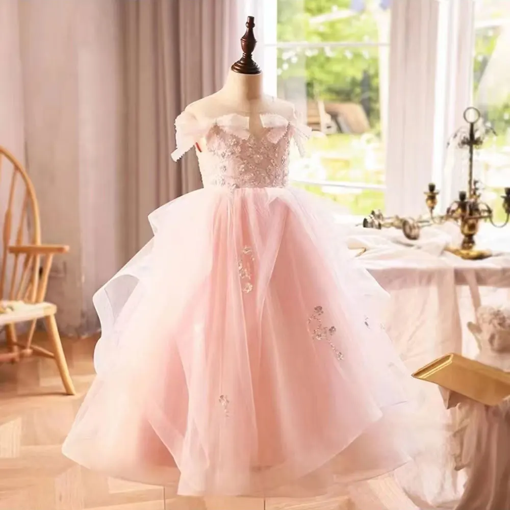 

Jill Wish Luxury White Girl Dress Beaded Sequined Dubai Kids Princess Pink Birthday Wedding Party First Communion Gown 2024 J214