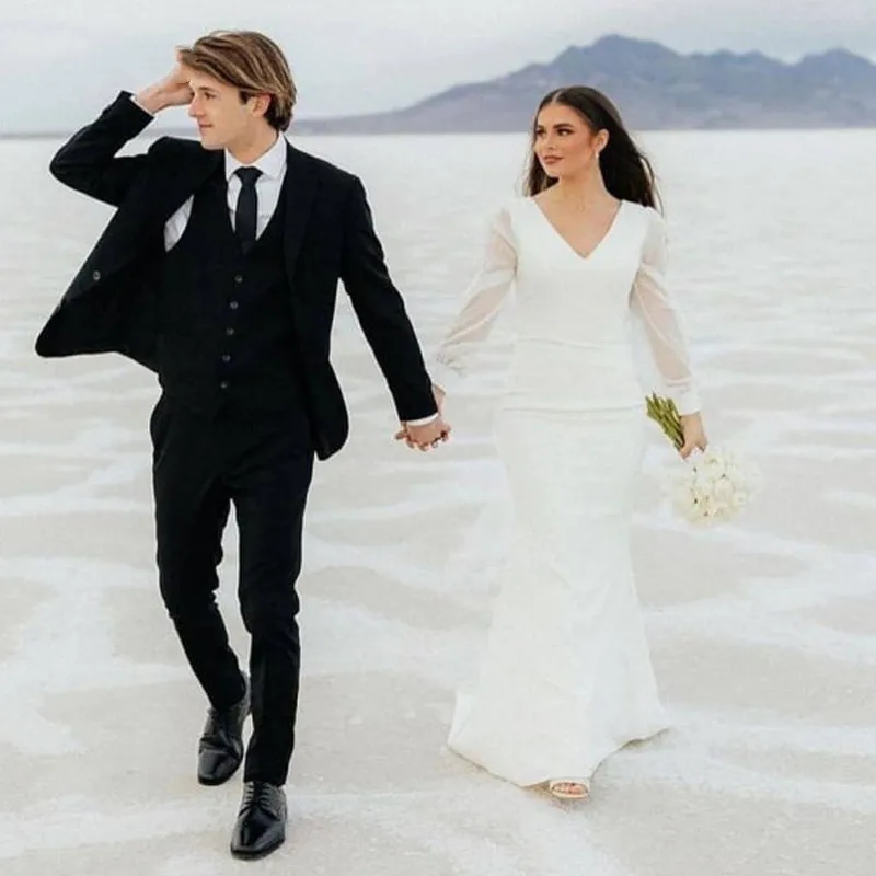 

Simple Chiffon Wedding Dress 2024 V-Neck Long Sleeves Mermaid Beach Bridal Gowns Floor Length Plain Vestido De Novia