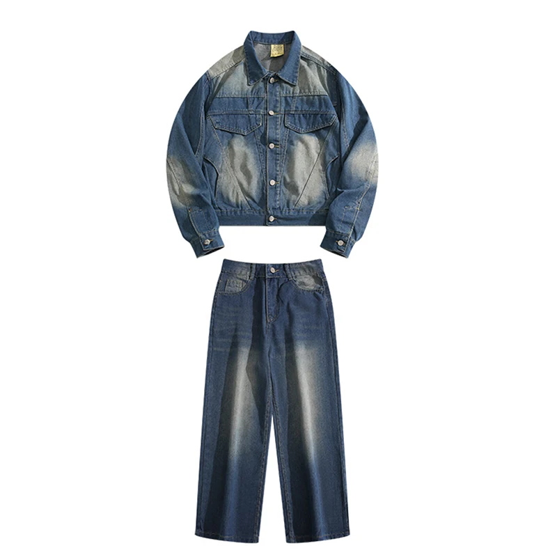 

Men's Washed Denim Suit High Street Turndown Collar Single Breasted Jacket Long Straight Jeans Loose Cowboy Two-piece Sets