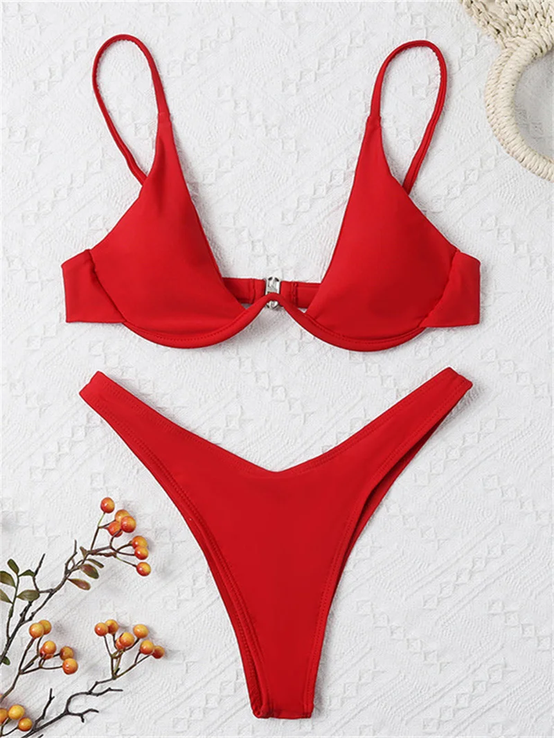 Bikini Sexy con aros para Mujer traje de baño rojo liso con sujetador