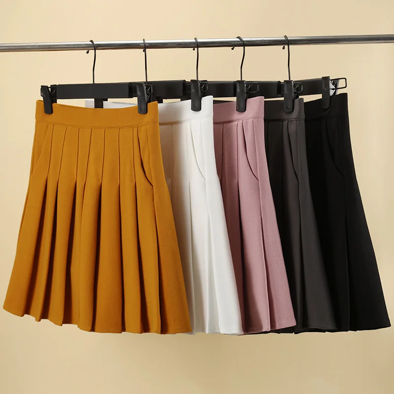 

Плиссированная юбка с карманами, Женская Осенняя желтая Элегантная стильная эластичная трапециевидная черная Милая Мини-юбка с высокой талией