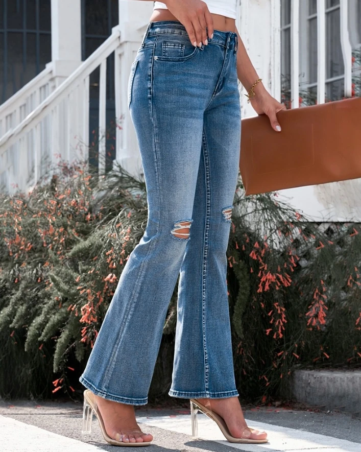 

2024 New Fashion Women's Pants Ripped Pocket Design Flared Jeans Elegant Female Trouser Casual Bottom Female Clothing Outfits