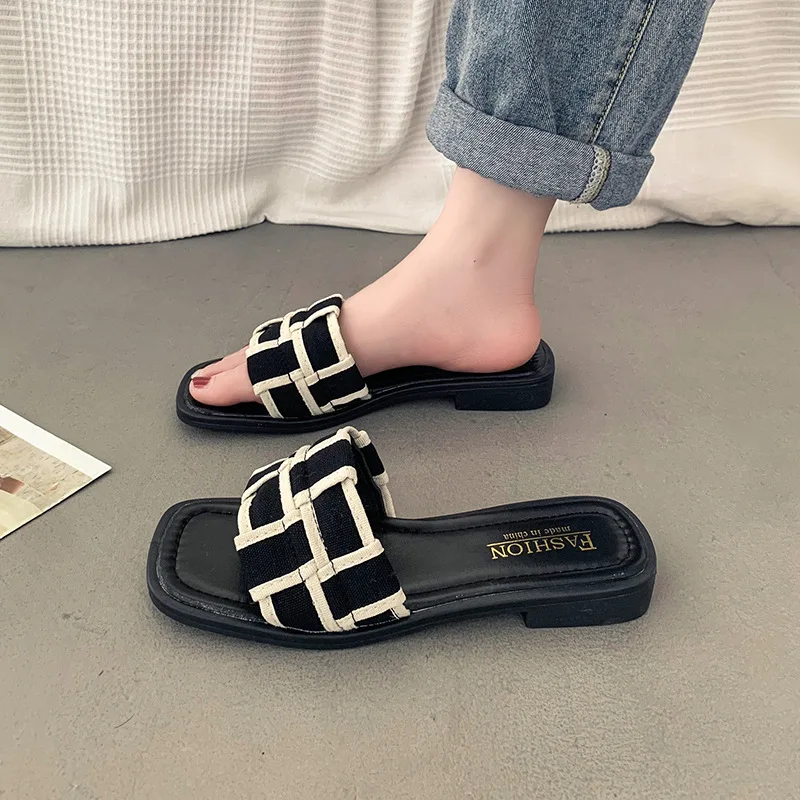 

New in Women Summer Sandals for Mules Flat Slides Light Tan Lace Lettering Fabric Canvas Slippers Shoes for Women