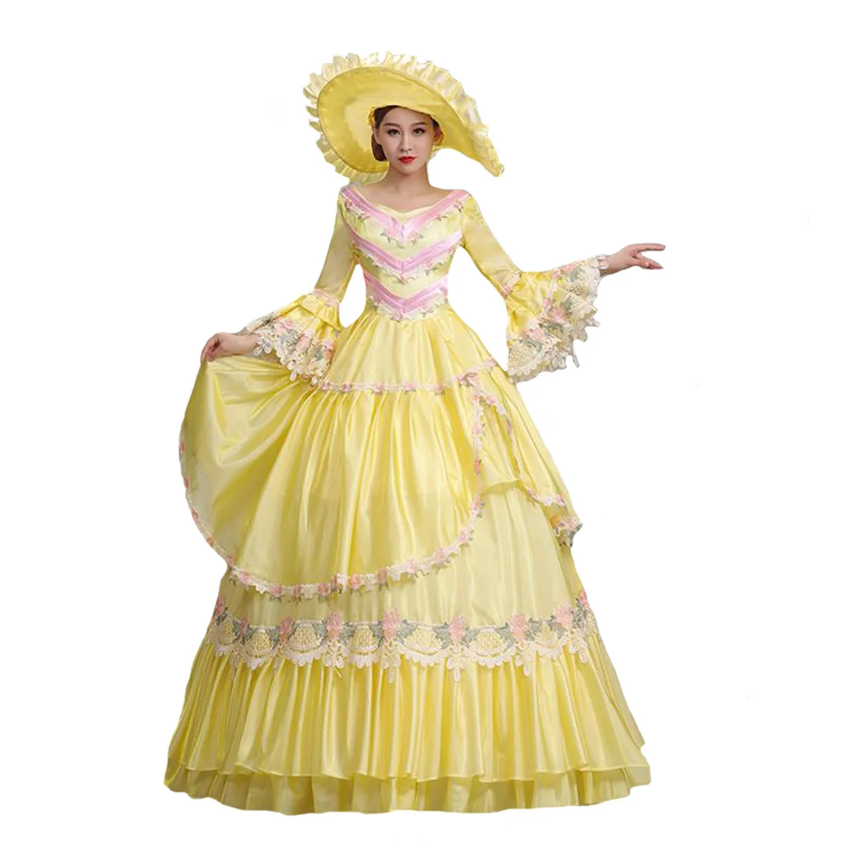 

Victorian Medieval Renaissance Dress Yellow Theater Ball Gown Women Stage costumes with Hat Palace Princess Dress