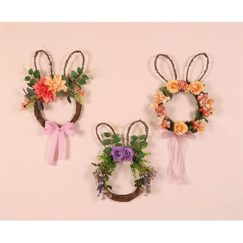 

LED Light Easter Wreath Rabbit Ear Simulation Flower Vine Wreath Front Door Hanging Decoration Party Supplies for Spring Wedding