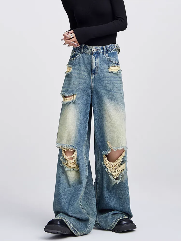 

Women's Summer Blue Distressed Thin Jeans Young Girl Street Style Baggy Bottoms Vintage Casual Trousers Female Wide Leg Pants