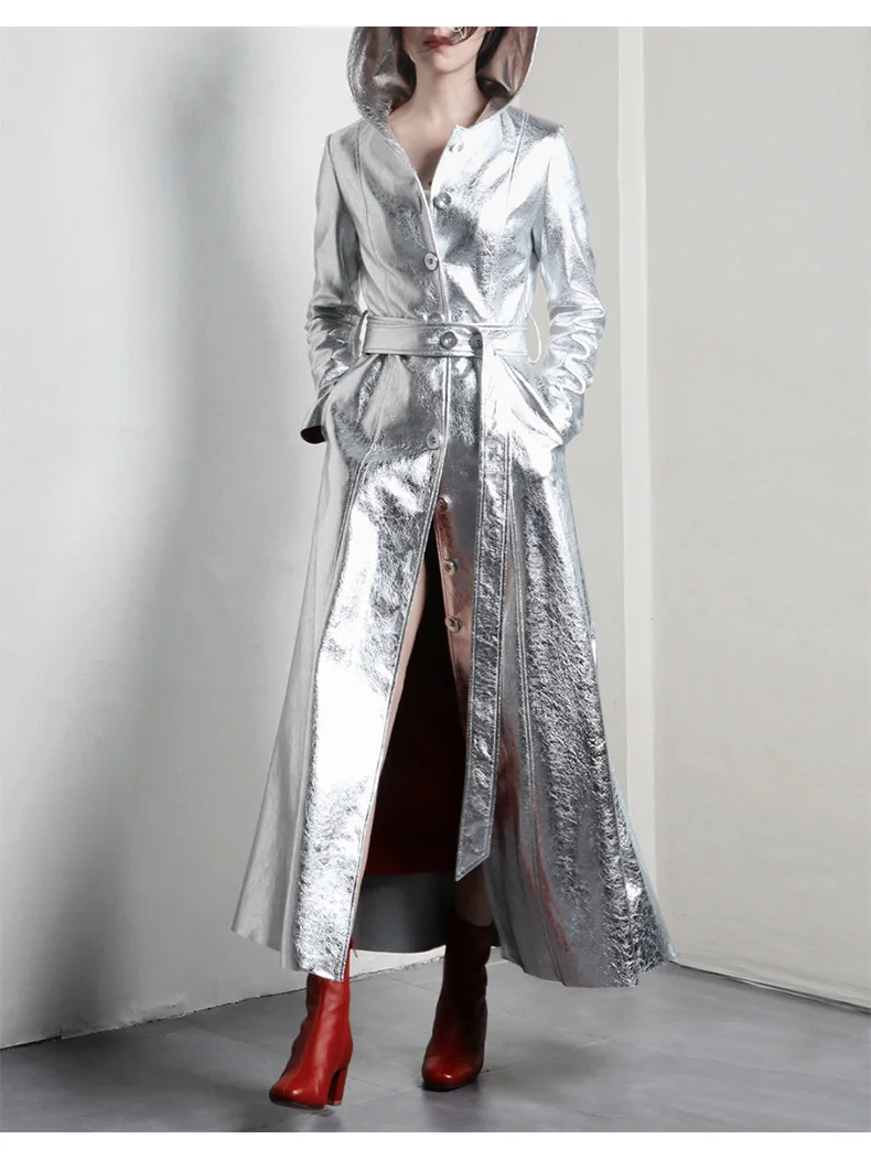 

Spring Autumn Extra Long Cool Silver Shiny Reflective Pu Leather Trench Coat for Women with Hood Luxury Runway Fashio