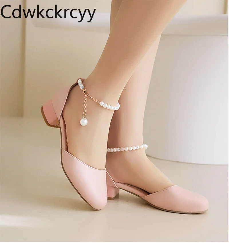 

spring autumn New styles fashion Round head high-heeled Women's Shoes Pearl grace Shallow mouth Buckle Thick heel Women Shoes