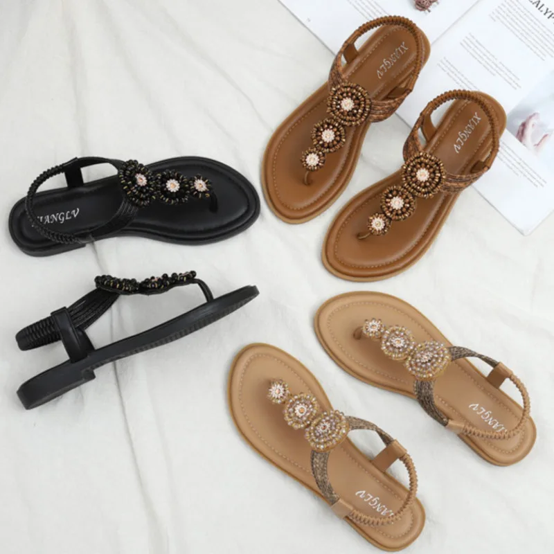 

Sandal Flat Bottomed Beach Shoe European And American Summer Oversized Women Rhinestone Roman Shoe Open Toed Sloping Heel Sandal