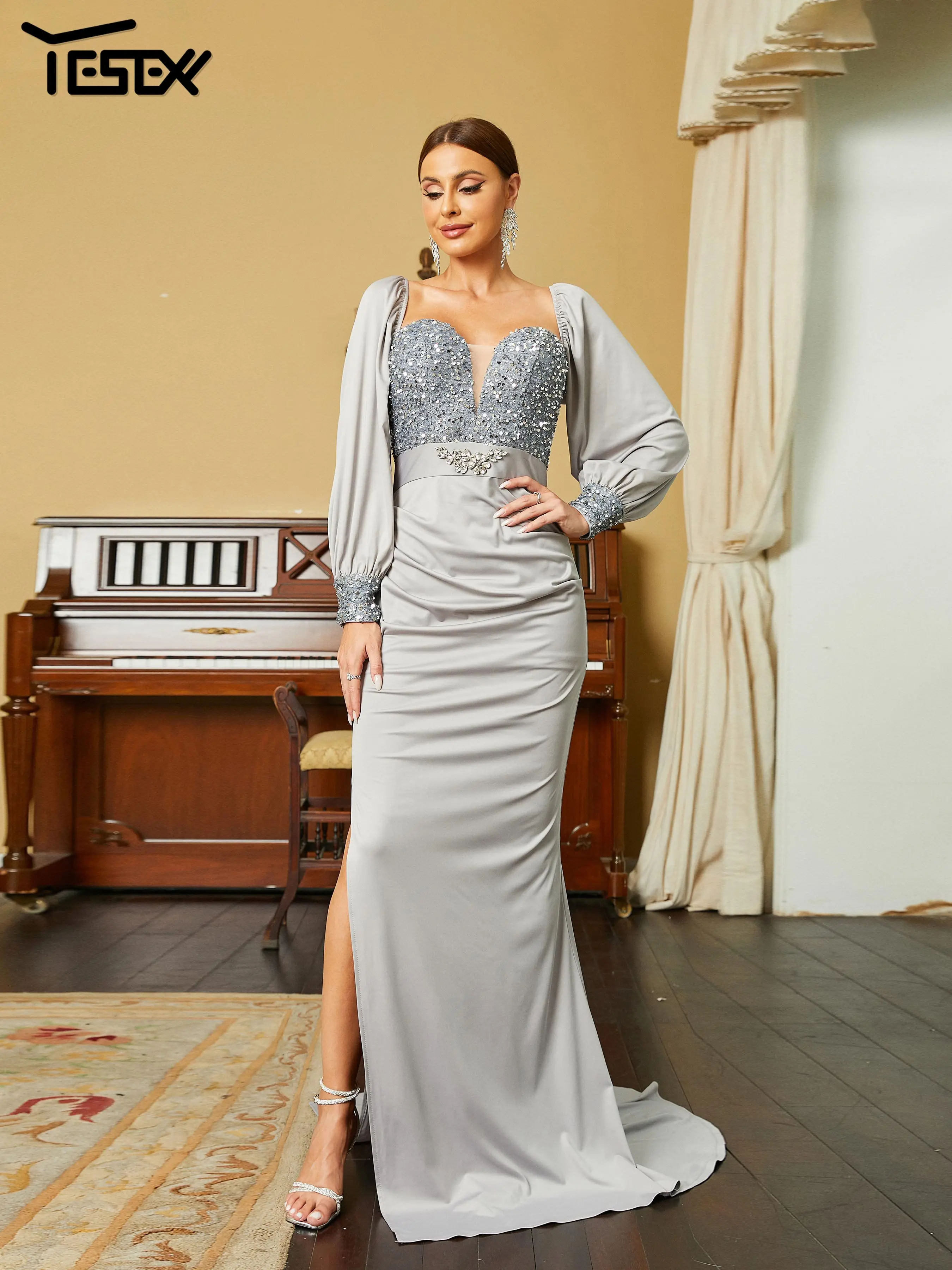 

Yesexy New Summer Dress Women 2023 Trend Long Sleeve Corset Grey Mermaid Evening Gown Elegant Sequin Split Prom Party Dress