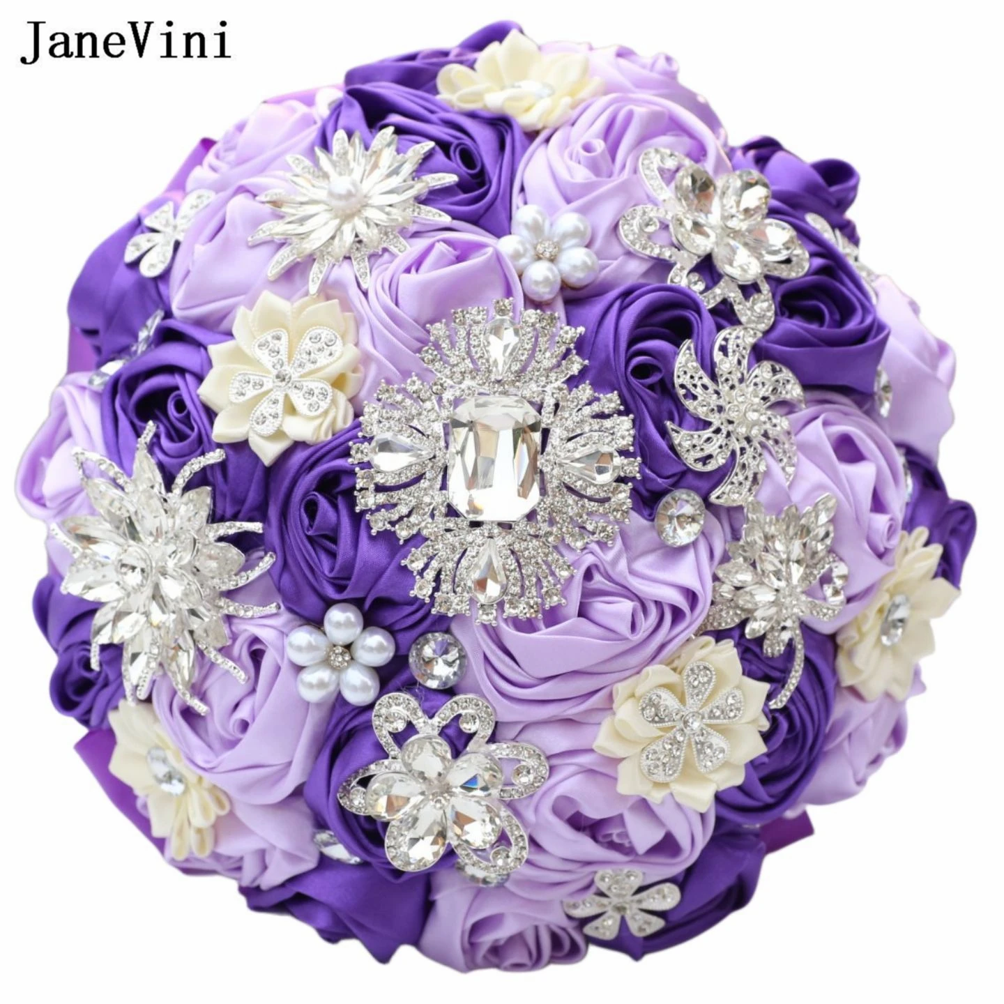 

JaneVini Luxury Light Purple Ivory Ribbon Flowers Bridal Bouquets Stunning Crystals Artificial Satin Roses Weddig Brooch Bouquet