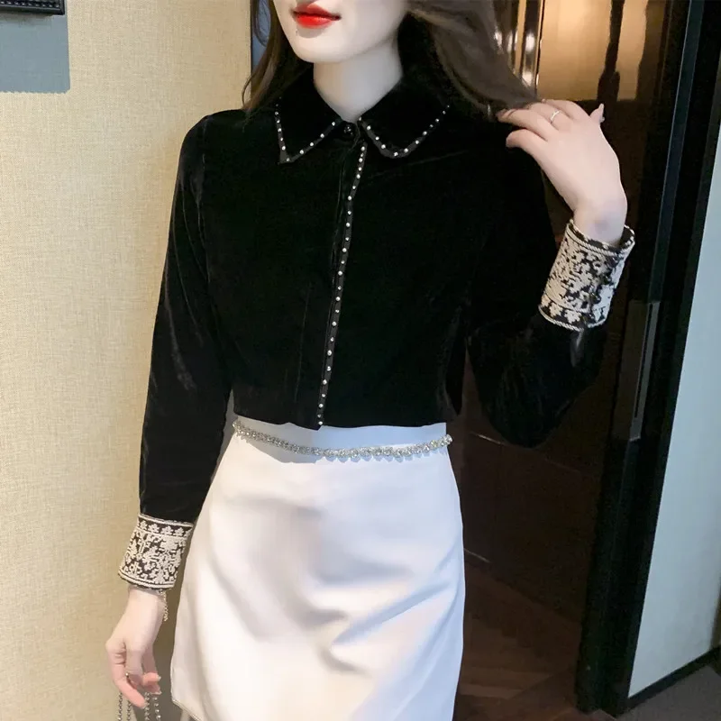 

2022 Spring Fall Women Pearls Beading Decorated Embroidery Black Velvet Top Shirt , Woman Ladies Elegant Velour Tops Shirts