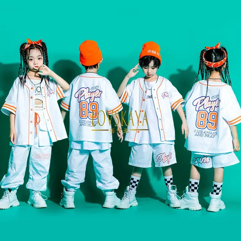 

White Streetwear Pants Shorts for Girl Boy Jazz Dance Costume Hip Hop Clothing Baseball Cardigan Shirt Top