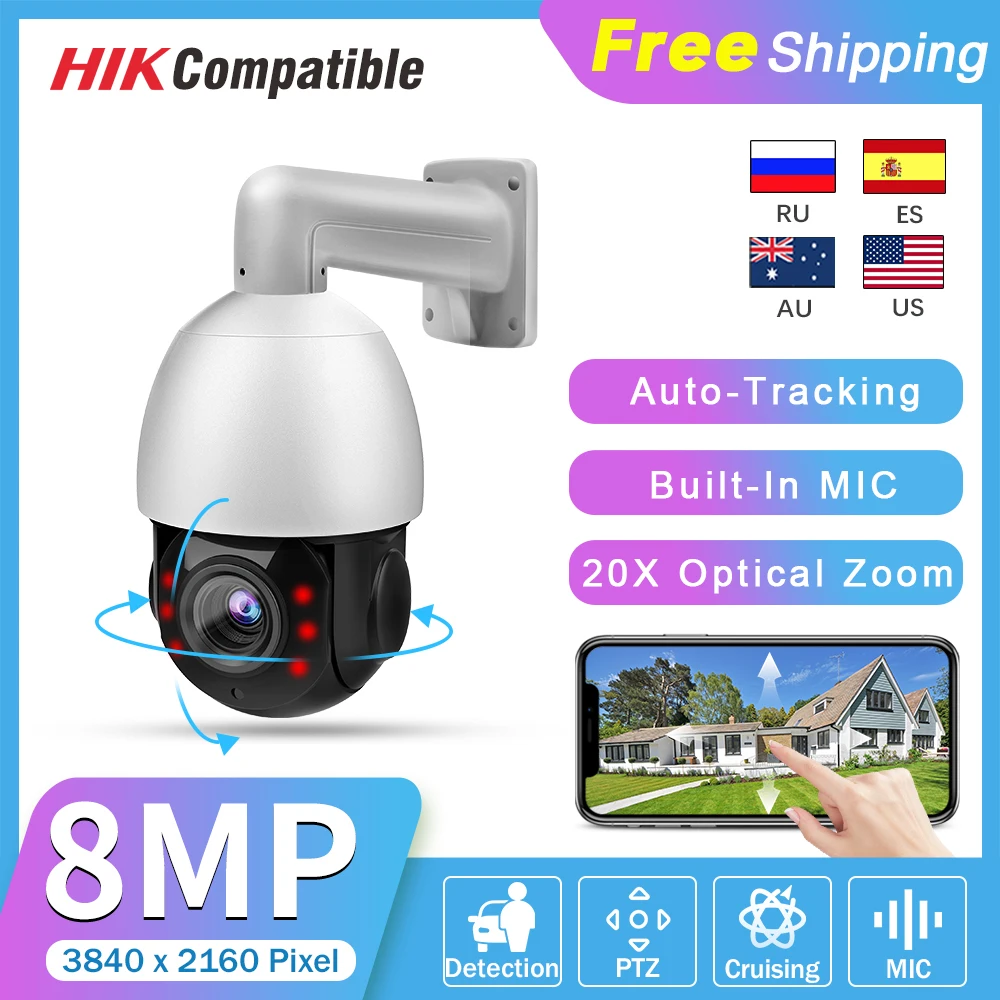 Hikvision Compatible Auto Tracking POE PTZ IP CCTV Camera 8MP 4K Audio Outdoor Surveillance Speed Dome Security 20X Zoom IR P2P
Hikvision Compatible Auto Tracking POE PTZ IP CCTV Camera 8MP 4K Audio Outdoor Surveillance Speed Dome Security 20X Zoom IR P2P