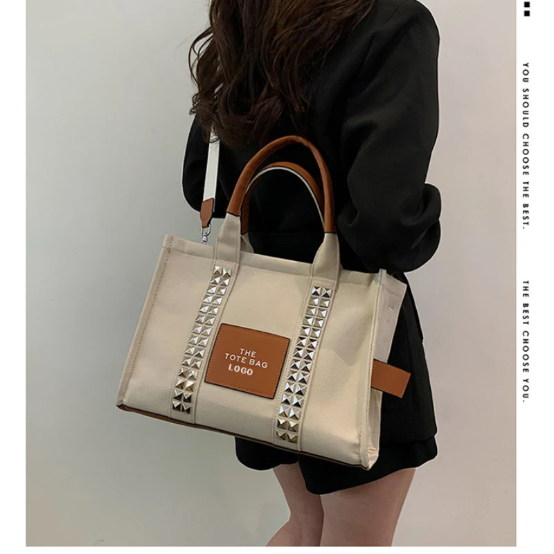 

Women Rivets Tote Bag Casual Canvas Large Capacity Women Handbags Designer Letters Shoulder Crossbody Bags Luxury Big Shopper