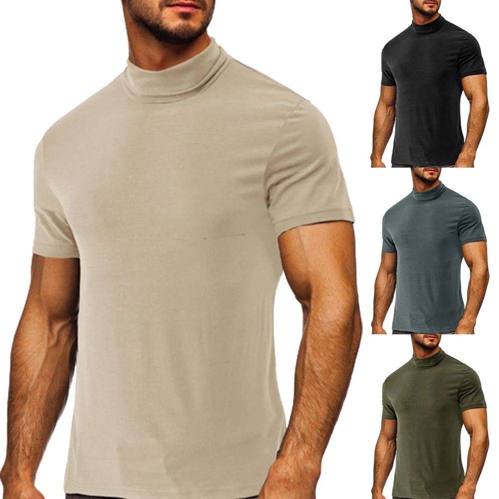 

High Quality Men Half Turtleneck T Shirts Spring Autumn Short Sleeve Slim Fit Solid Pullovers Shirts Casual Stretched Tee Shirt