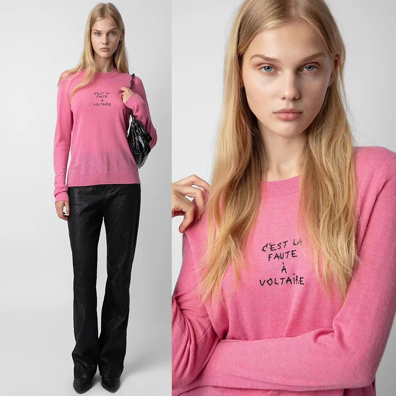 

Zadig Pink Sweaters Women New Thin Cashmere Sweater Crew Neck Letter Embroidered Jumpers Female Casual Woolen Warm Pullovers