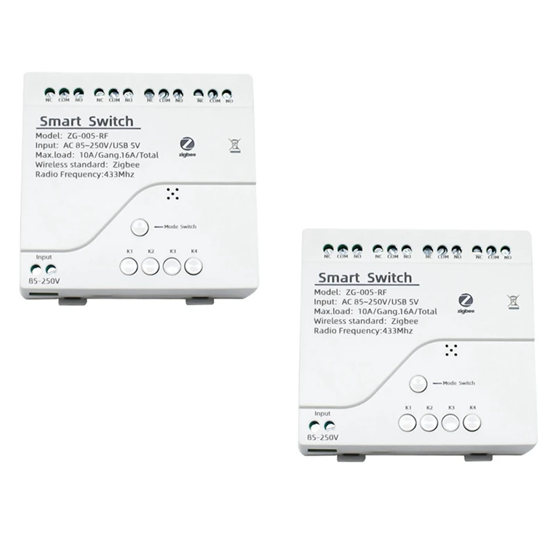 

2X 4CH Zigbee Smart Light Switch Module AC 85-250V RF433 Receive 10A Relays Work With Alexa Assistant,Tuya Smart Life