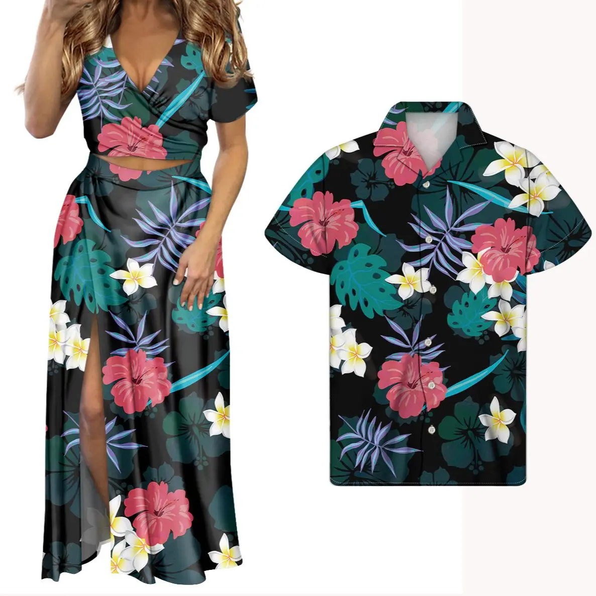 

HYCOOL Low-Cut Dress Sexy Short Sleeve V Neck Slit Long Dress Red Hibiscus Floral Polynesian Print Black Summer Couples Outfits